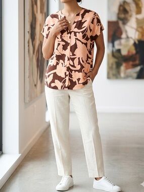 Rachel Rachel Roy Brown Peach Floral Print Short Sleeve V-Neck Blouse🤩